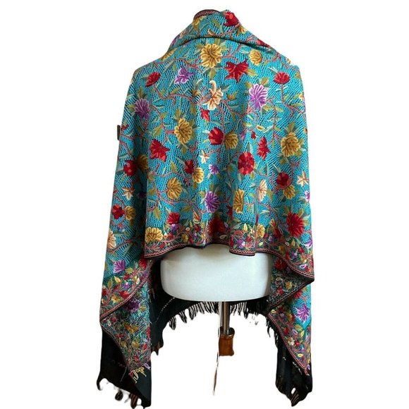 Kashmir Shawl Hand Embroidered Cashmere Hook Work Turquoise Indian Stole - Picture 5 of 12